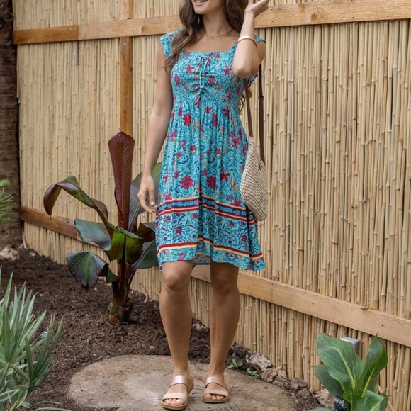 Grace & Lace Border Print Blue Floral Smocked Dress Size XL - Picture 8 of 9